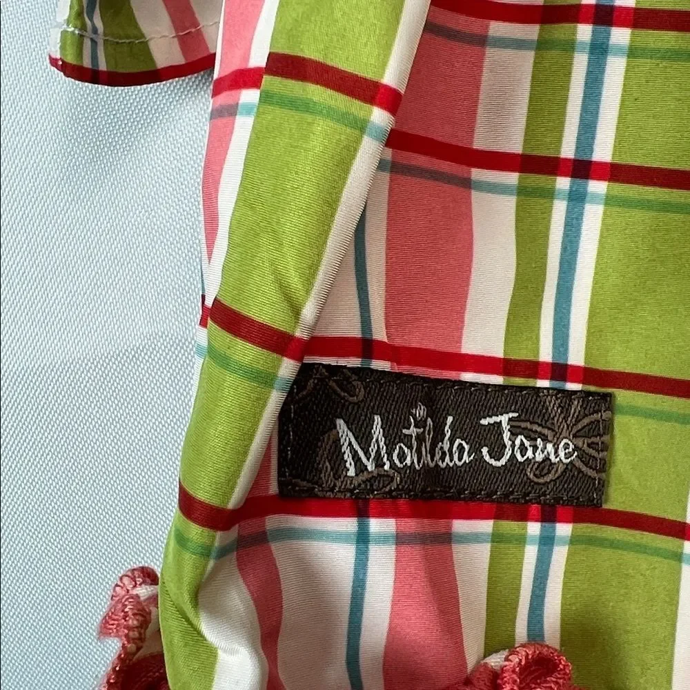 Matilda Jane Secret Fields green and pink plaid peasant top teal sash size 4